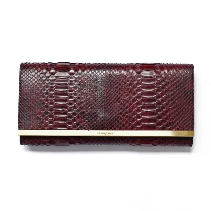 La Portegna Barbara Python Clutch in Burgundy Leather