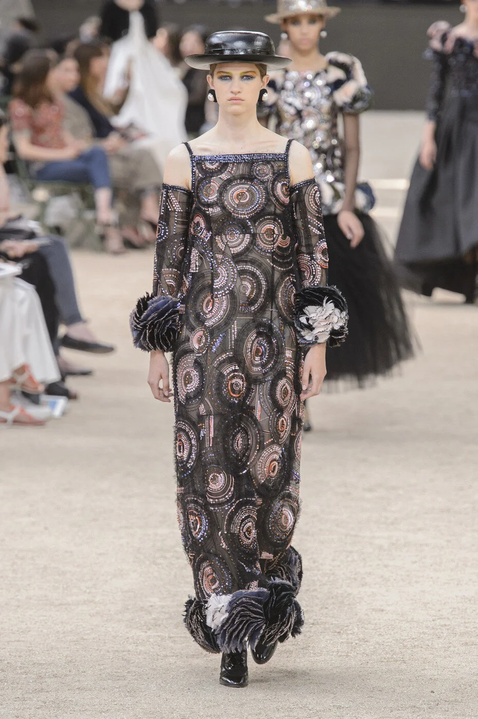 Chanel HC Embellished Cold-Shoulder Gown with Floral Trim