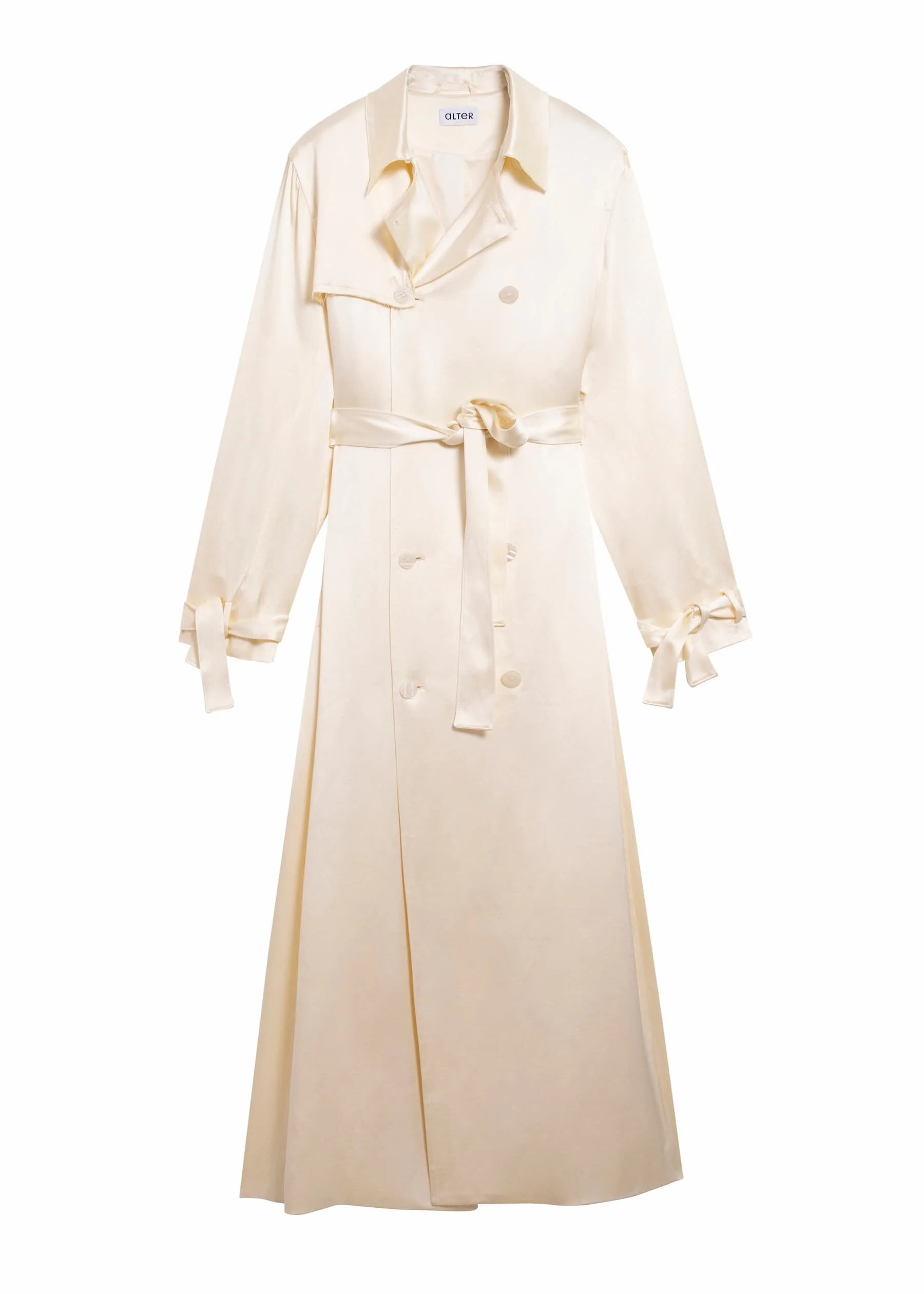 Alter Designs Long Trench Coat in Cream Satin