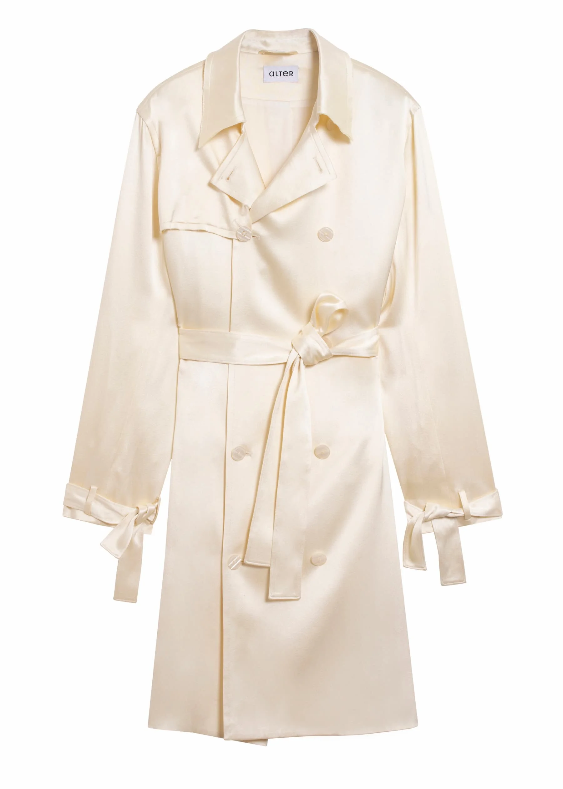 Alter Designs Mid-Length Trench Coat in Cream Satin