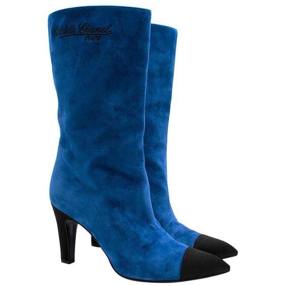 Chanel Blue Suede Gabrielle Cap-Toe Boots 39 at 1stDibs