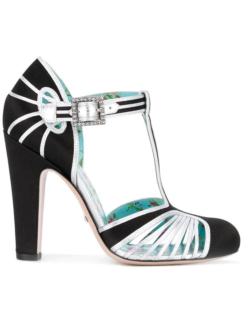 Gucci T-Strap Cage-Toe Pumps in Black/Silver