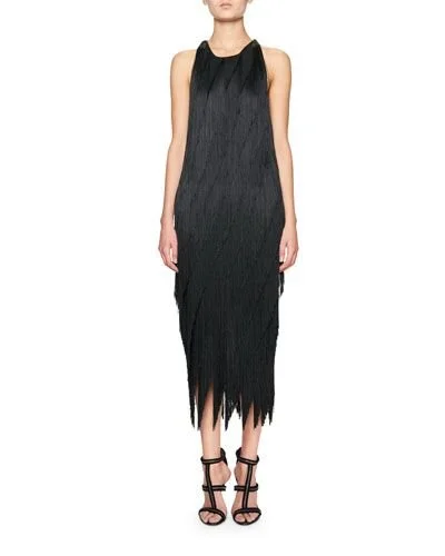 Tom Ford Bias-Fringe Midi Dress with Leather Racerback in Black
