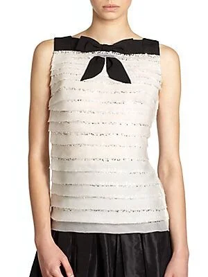 Carolina Herrera Sleeveless Tiered Bow Top in Ivory/Black