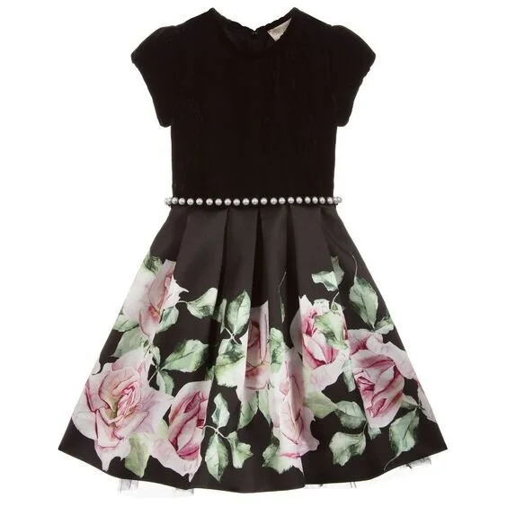 Monnalisa Black Velvet Satin Dress