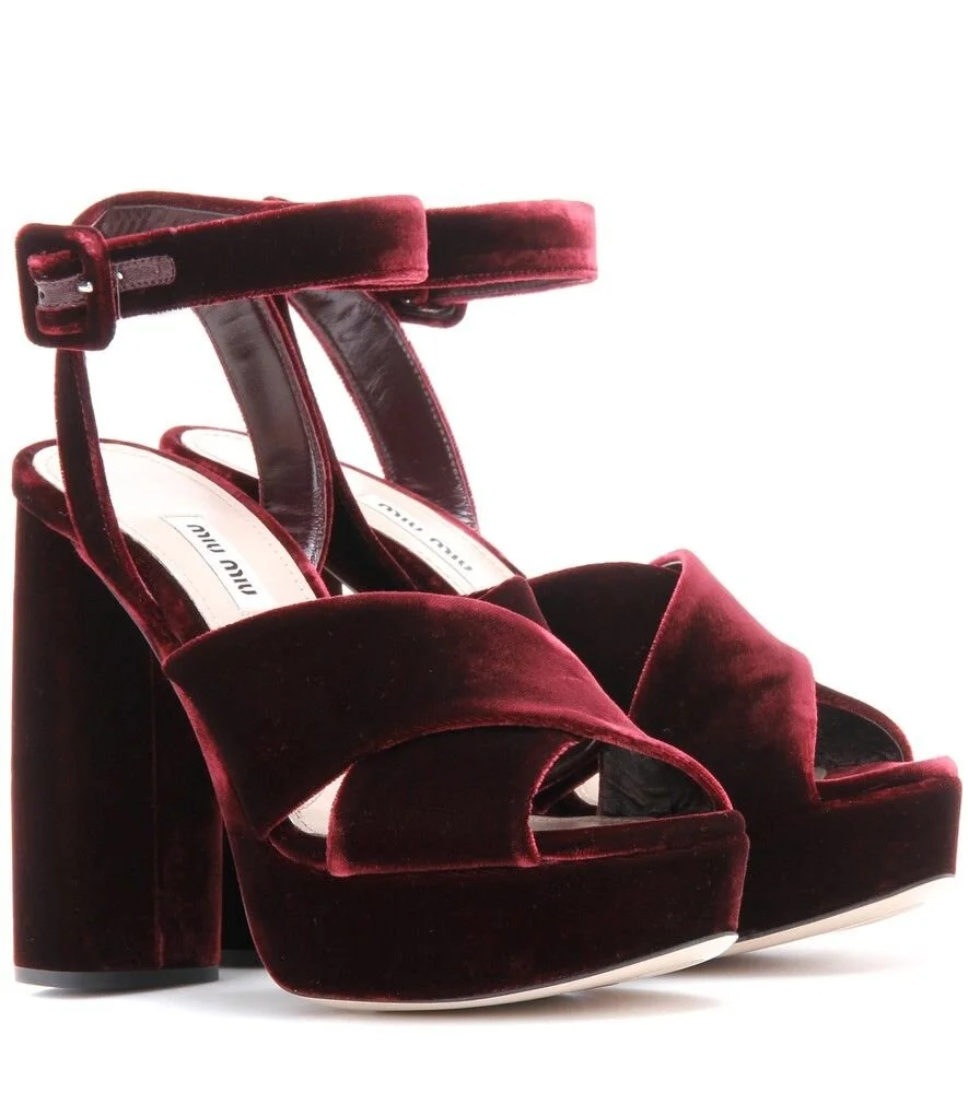 Miu Miu Velvet Block-Heel Platform Sandals in Burgundy