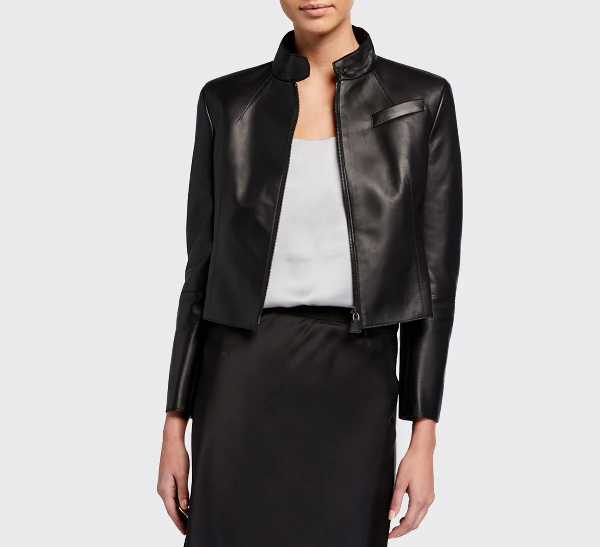 Akris Cropped Leather Zip-Front Jacket in Black