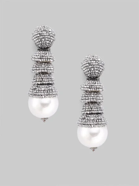 Oscar de la Renta Caviar Beaded Pearl Drop Earrings