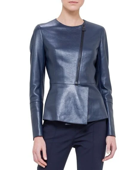 Akris Selma Leather Peplum Jacket in Blue