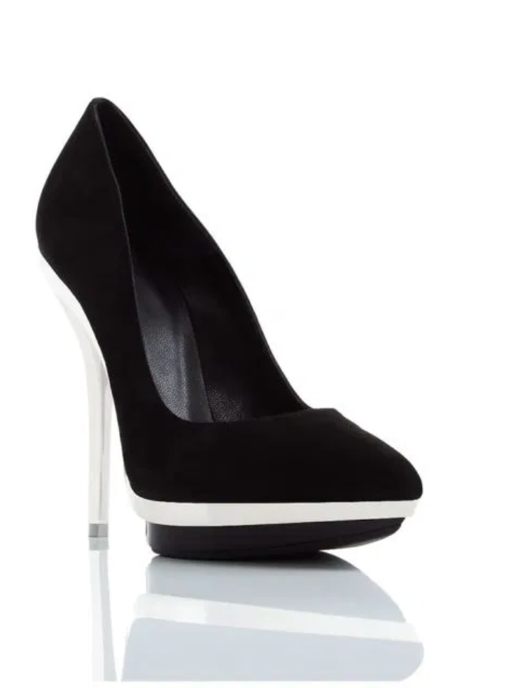 Versace Metal Heel Platform Pumps in Black Suede & Gold