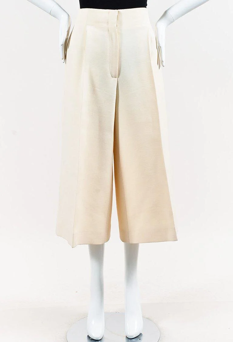 Celine Wool & Silk High Rise Wide Leg Culotte Trousers in Cream