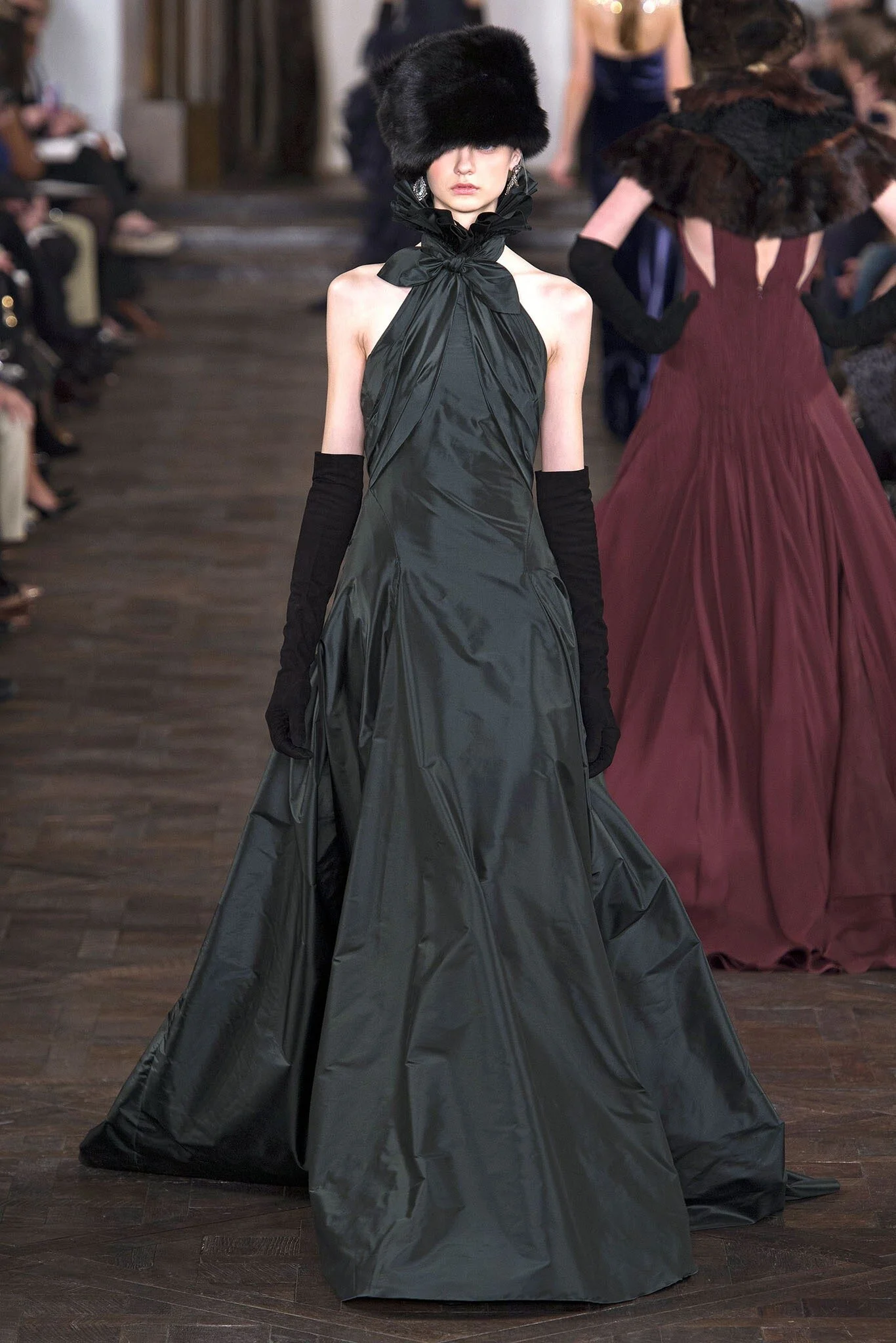 Ralph Lauren Collection High-Neck Ruffle Taffeta Gown in Dark Green
