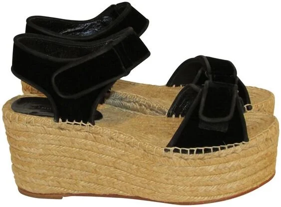 Céline Scratch Espadrille Wedge Platform Sandals in Black Velvet