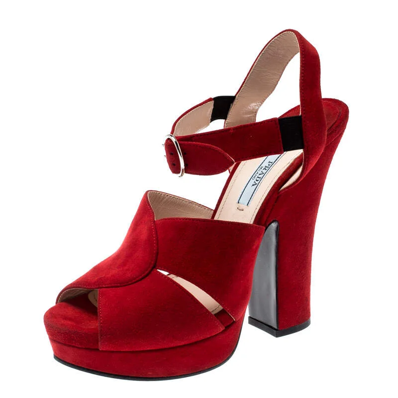 Prada Open-Toe Ankle-Strap Sandals in Red Suede