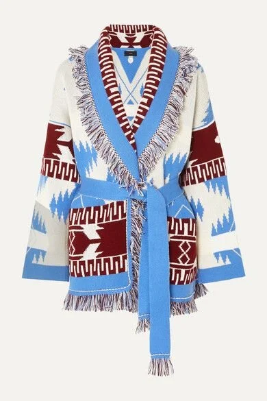 Alanui Belted Fringed Cashmere Jacquard Cardigan