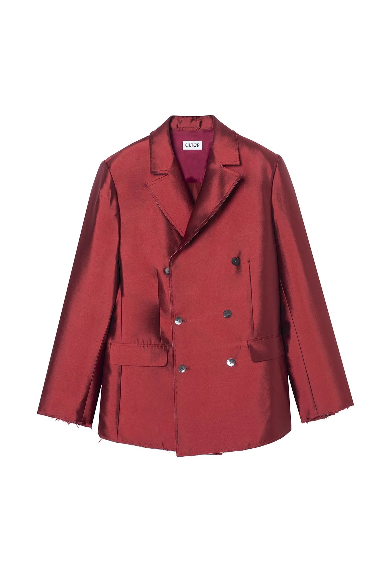 Alter Design Double-Breasted Silk Blazer in Red Lamé