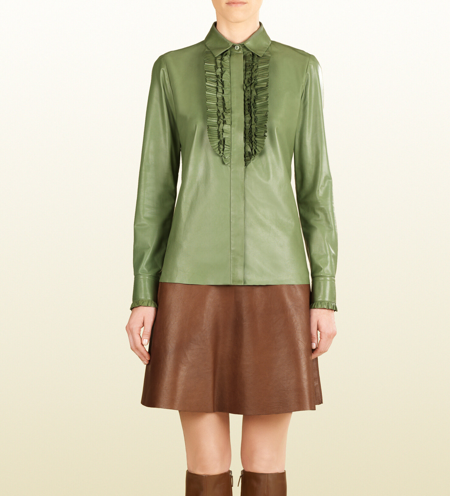 Gucci Leather Ruffle Button-down Shirt in Sage.jpg