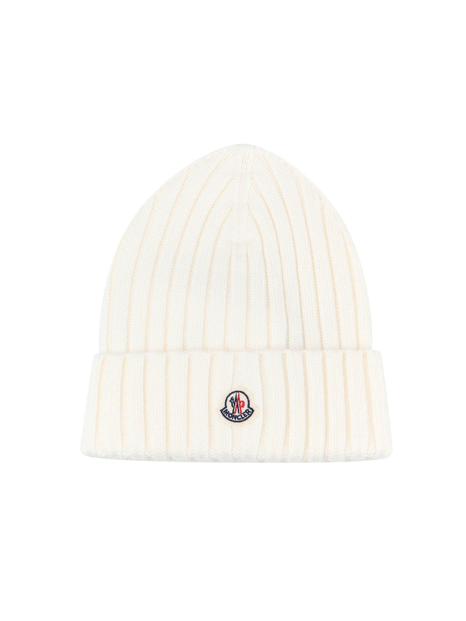 Moncler Rib-Knit Logo-Patch Beanie in White.jpg