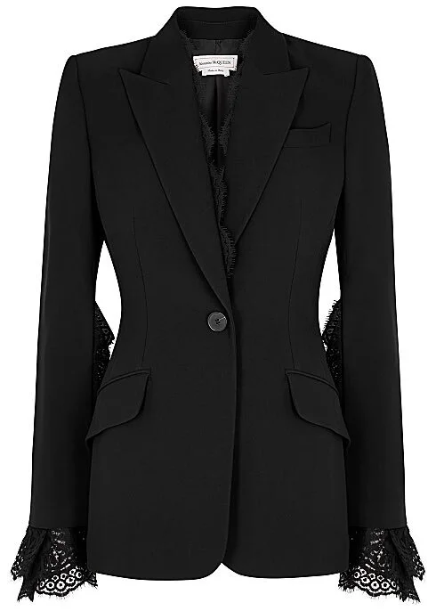 Alexander McQueen Fine-Knit Lace Trimmed Jacket in Black