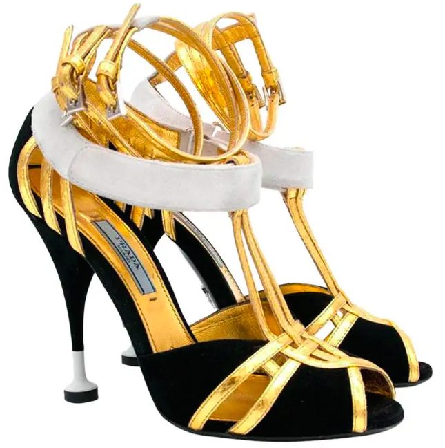 Prada Multi-Strap Sandals in Black/White/Gold