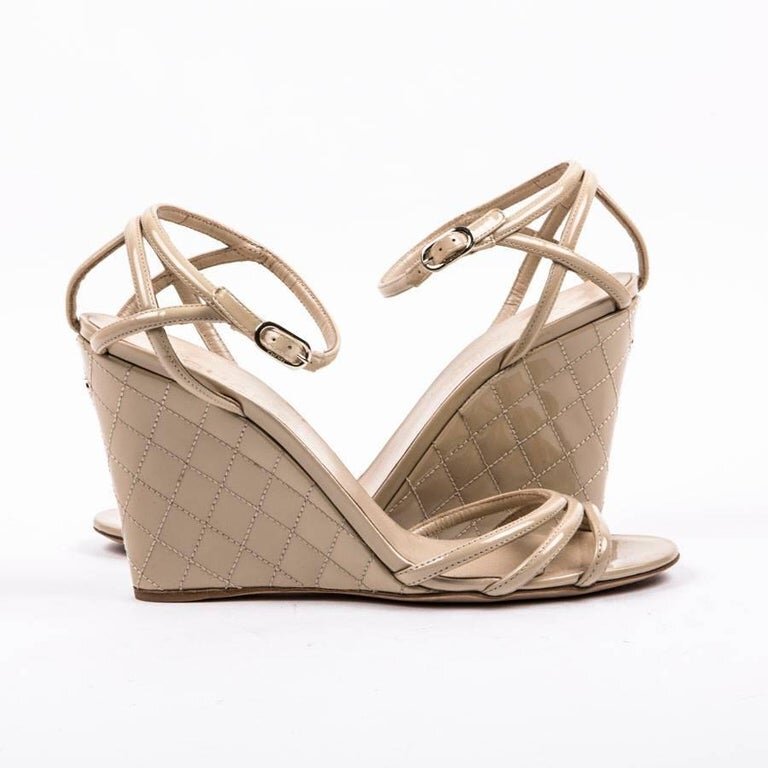 Chanel Strappy Sandals with Quilted Wedge in Beige.jpg