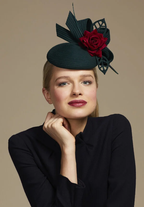 Juliette Botterill Rose & Bow Cocktail Hat in Dark Green/Deep Red