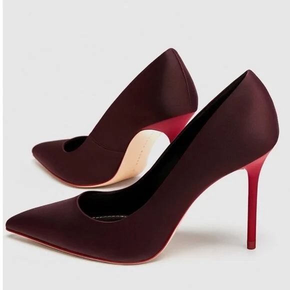 Zara Satin Court High Heel Pumps in Eggplant