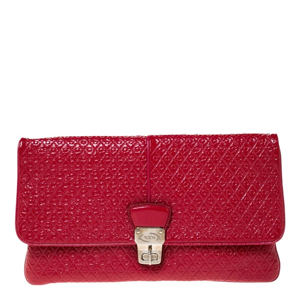 Tod's Signature Embossed Turnlock Clutch in Red Patent Leather