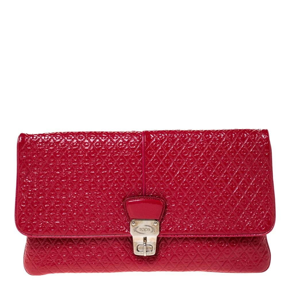 Tod's Signature Embossed Turnlock Clutch in Red Patent Leather.jpg