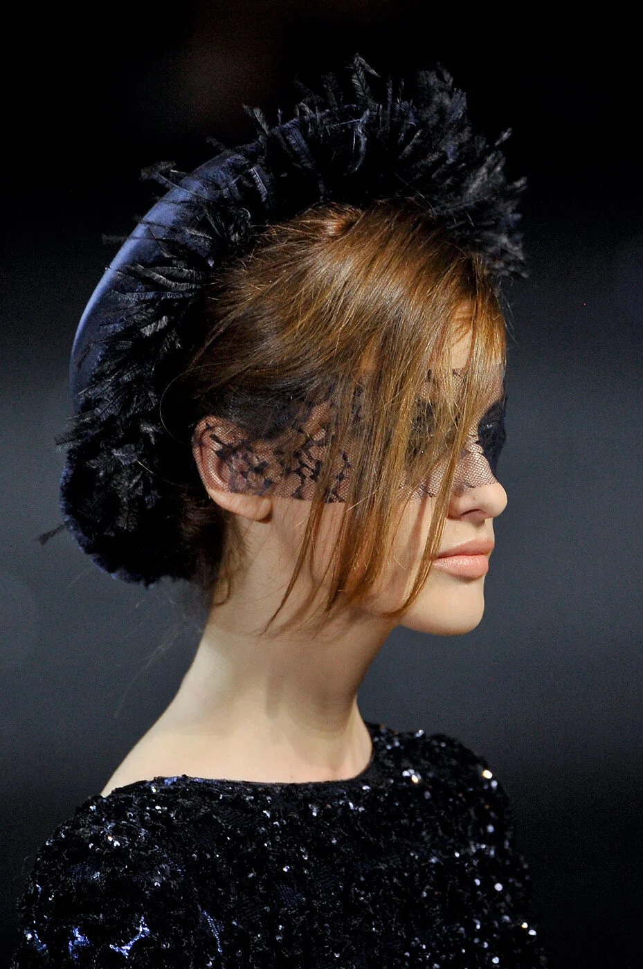 Chanel HC Boater Hat in Navy Silk with Feathers