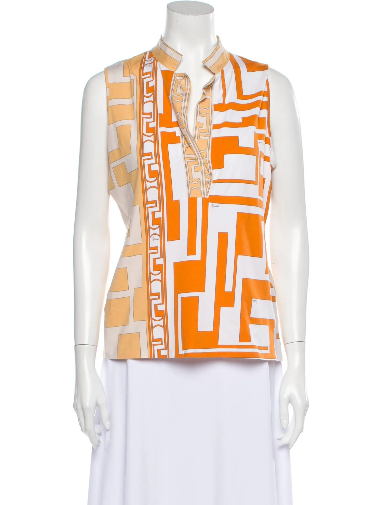 Emilio Pucci Short Sleeves Printed V-Neck Top in Orange