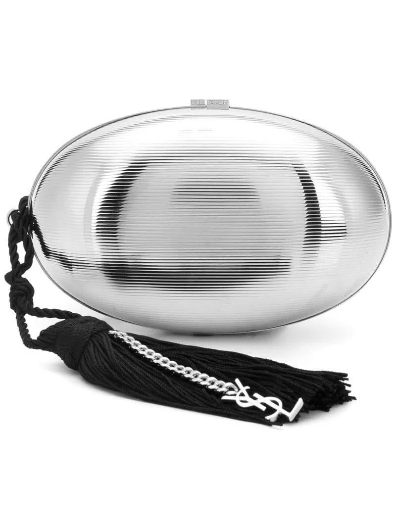 Saint Laurent Shell Minaudière Tassel Clutch in Silver