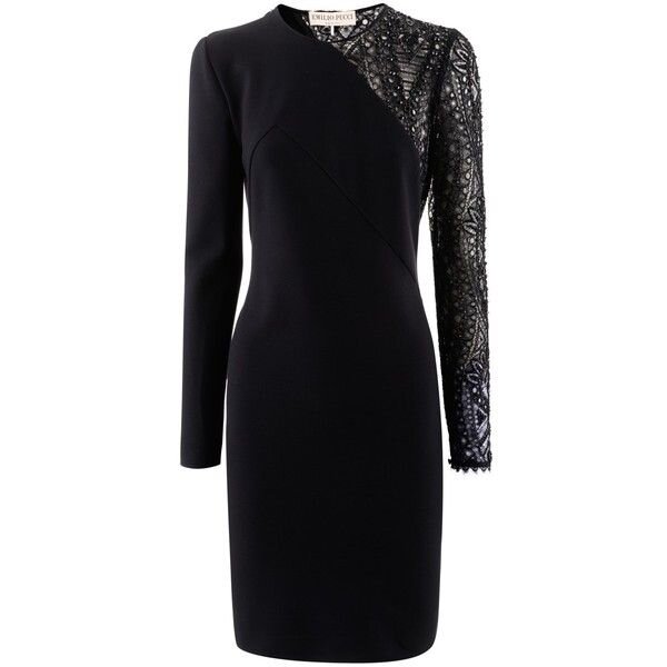 Emilio Pucci Black Embellished Lace Dress (€1_790) ❤ liked on Polyvore featuring dresses, kohl dresses, black lace cocktail dress, black lace dress, lace embellished dress and embellished cocktail dress.jpeg