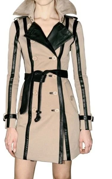 Burberry Prorsum Natural Twill and Leather Double Breasted Coat