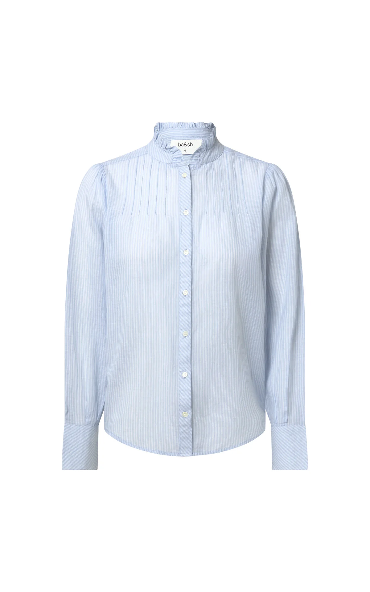 Ba&Sh Ruffle Mock Neck Striped Shirt in Blue