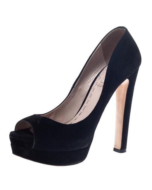 Miu Miu Peep-Toe Platform Pumps in Black Suede — UFO More