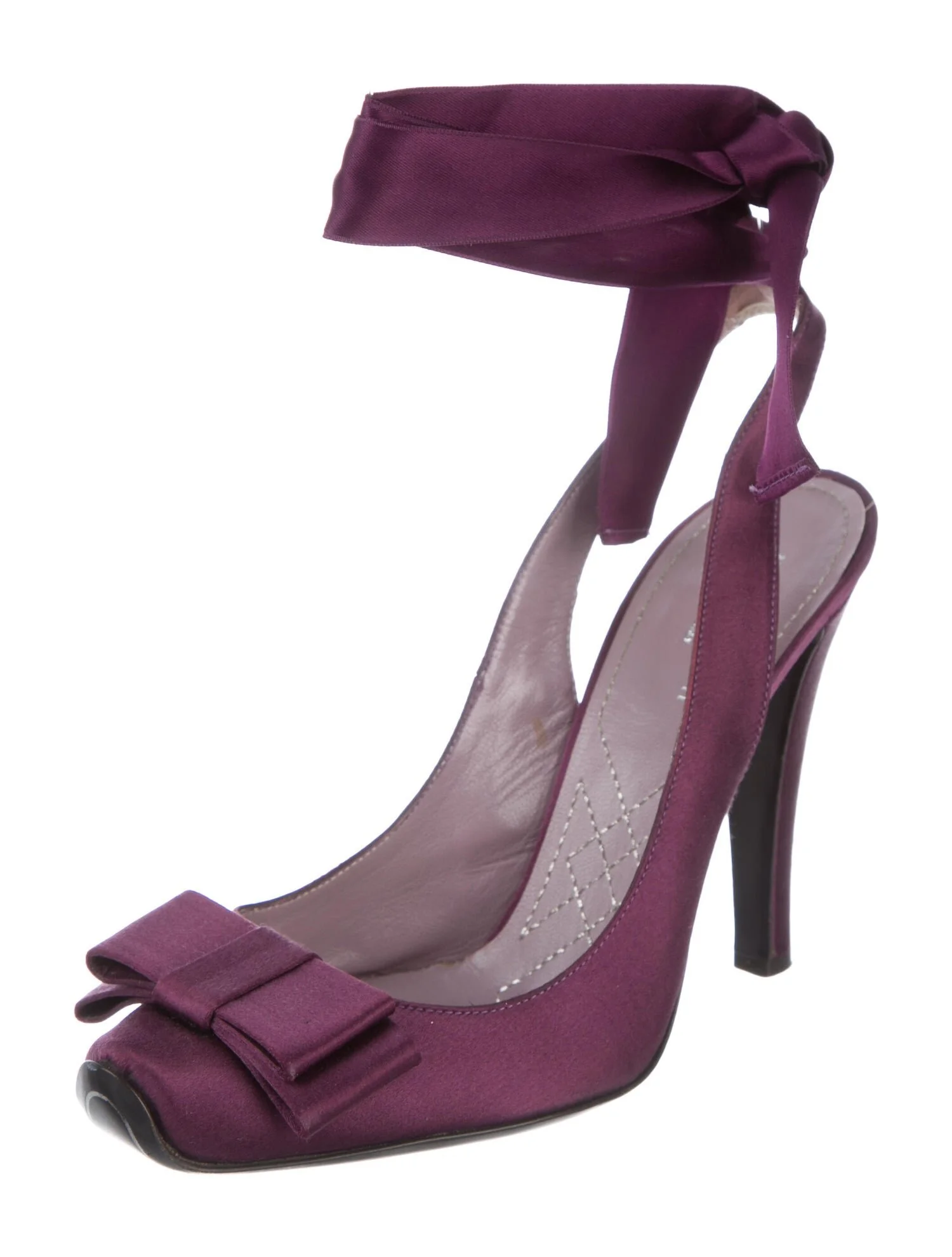 Alberta Ferretti Ribbon Ankle Strap Slingback Pumps in Plum Satin