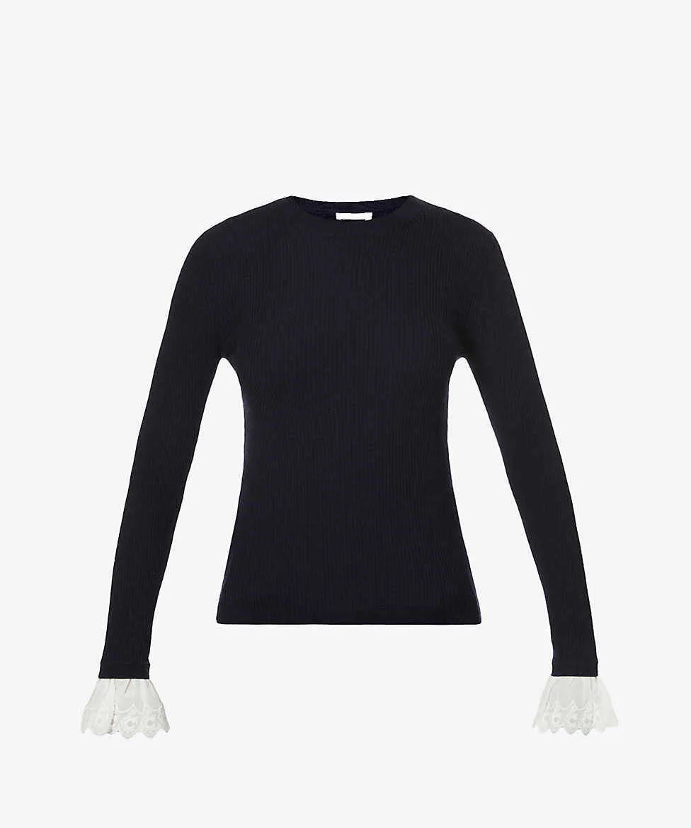 Chloé Scalloped-cuff Wool Jumper in Navy