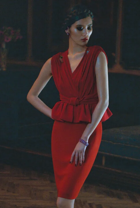 Max Mara V-Neck Peplum Dress in Red