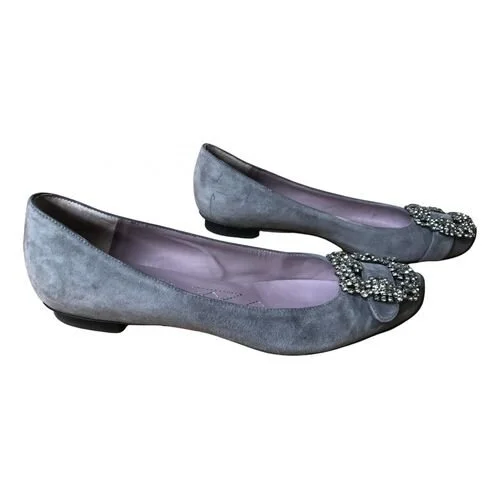 Alberta Ferretti Jeweled Buckle Ballet Flats in Grey Suede