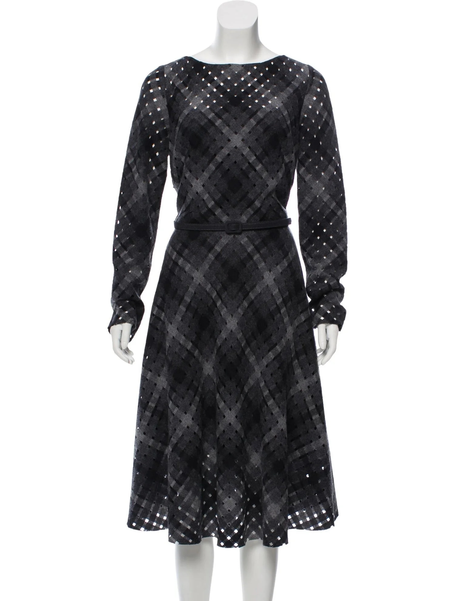 Oscar de la Renta Diamond Cutout Plaid Dress in Grey