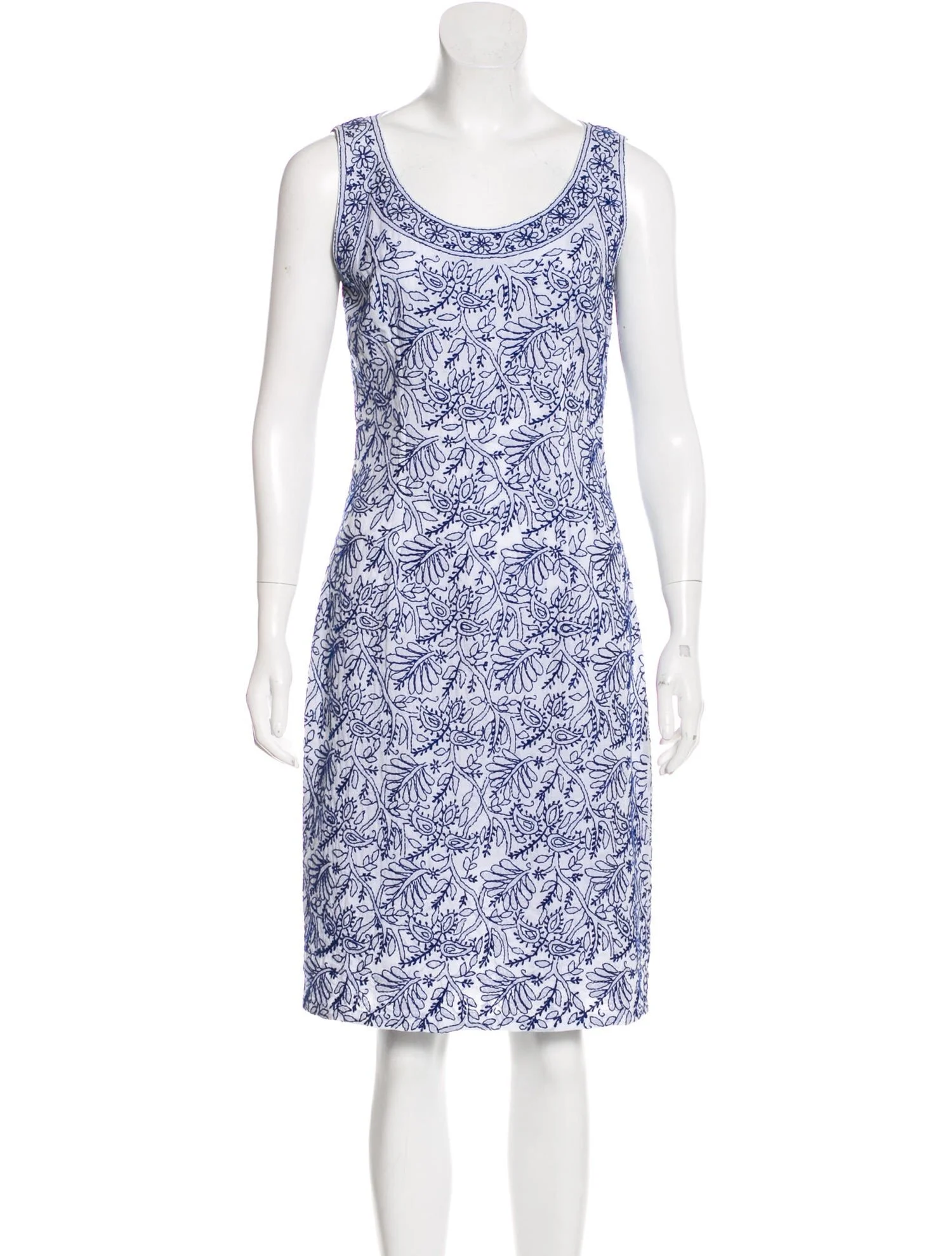 Prada Sleeveless Embroidered Knee-Length Dress in White/Blue