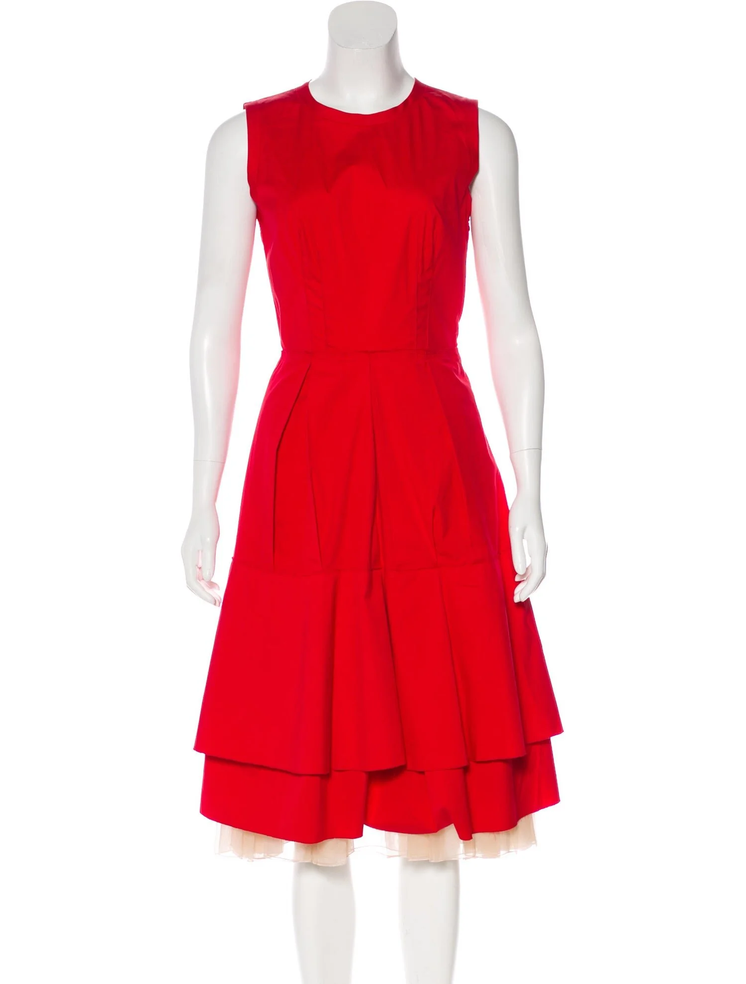 Prada Sleeveless Pleat-Accented Midi Dress in Red