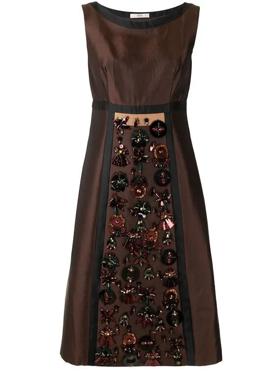 Prada V-Neck Crystal-Embellished Dress in Brown