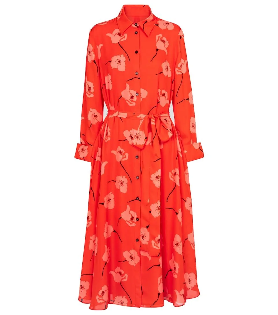 Carolina Herrera Floral Belted Midi Silk Dress in Red