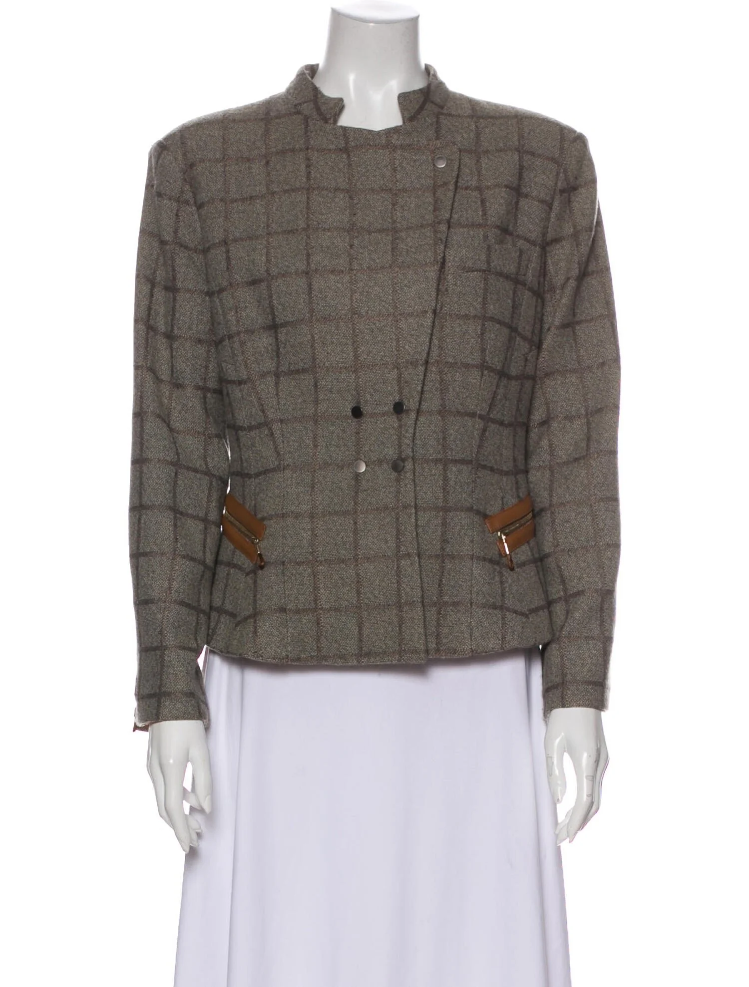 Giorgio Armani Plaid Print with Leather Trim Jacket in Grey