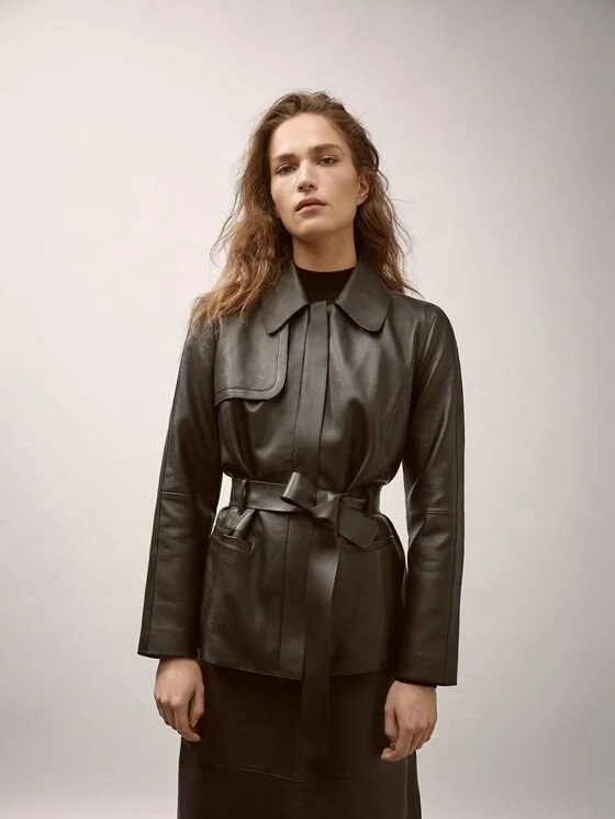 Massimo Dutti Nappa Jacket with Belt Detail in Black