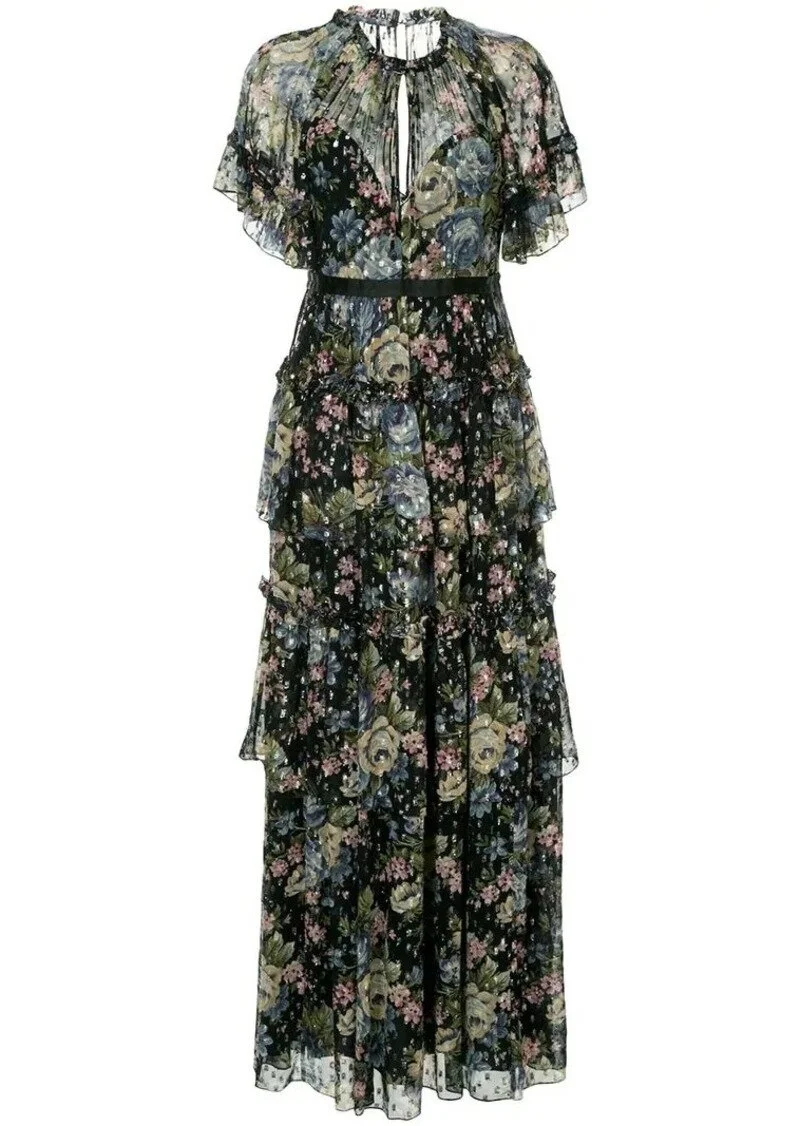 Needle &amp; Thread Tiered Floral-print Fil Coupé Chiffon Gown in Black