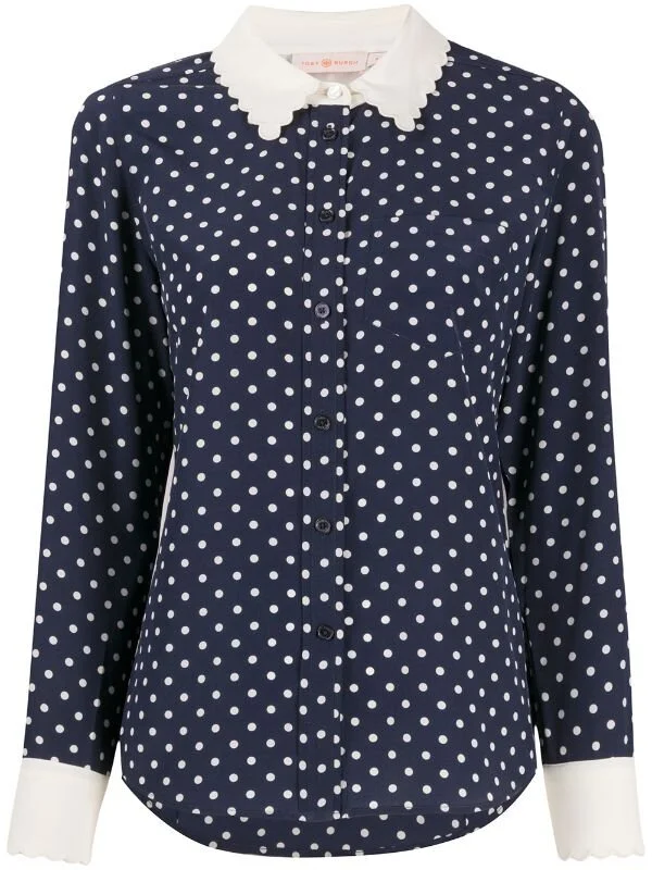Tory Burch Scalloped Polka Dot Silk Shirt in Navy
