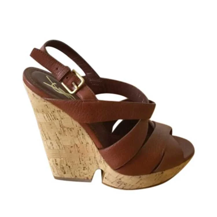 Yves Saint Laurent Strappy Wedge Sandals in Brown Leather